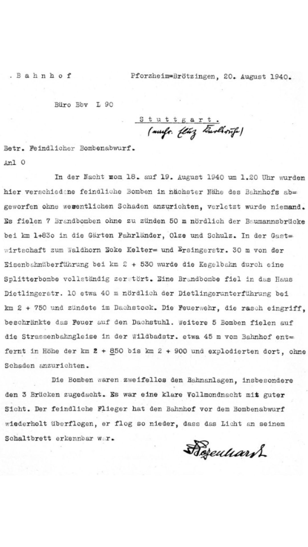 Bericht Bombenabwurf 1940 Maihälden - offizieller Bericht des Luftangriffs